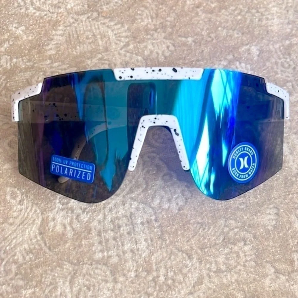 Brand New Hurley Polarized Sunglasses White Semi-Rim Wrap Shield Blue Mirrored